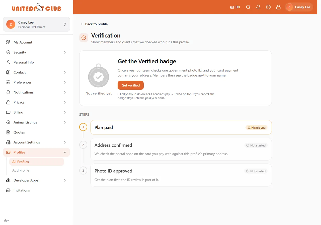 The Verification page before buying: a pale preview of the badge, Get the Verified badge, a Get verified button, and the three steps Plan paid, Address confirmed and Photo ID approved
