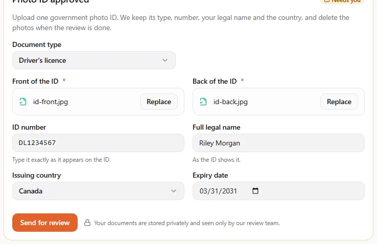 The photo ID form: document type, front and back photos, ID number, full legal name, issuing country, expiry date and Send for review