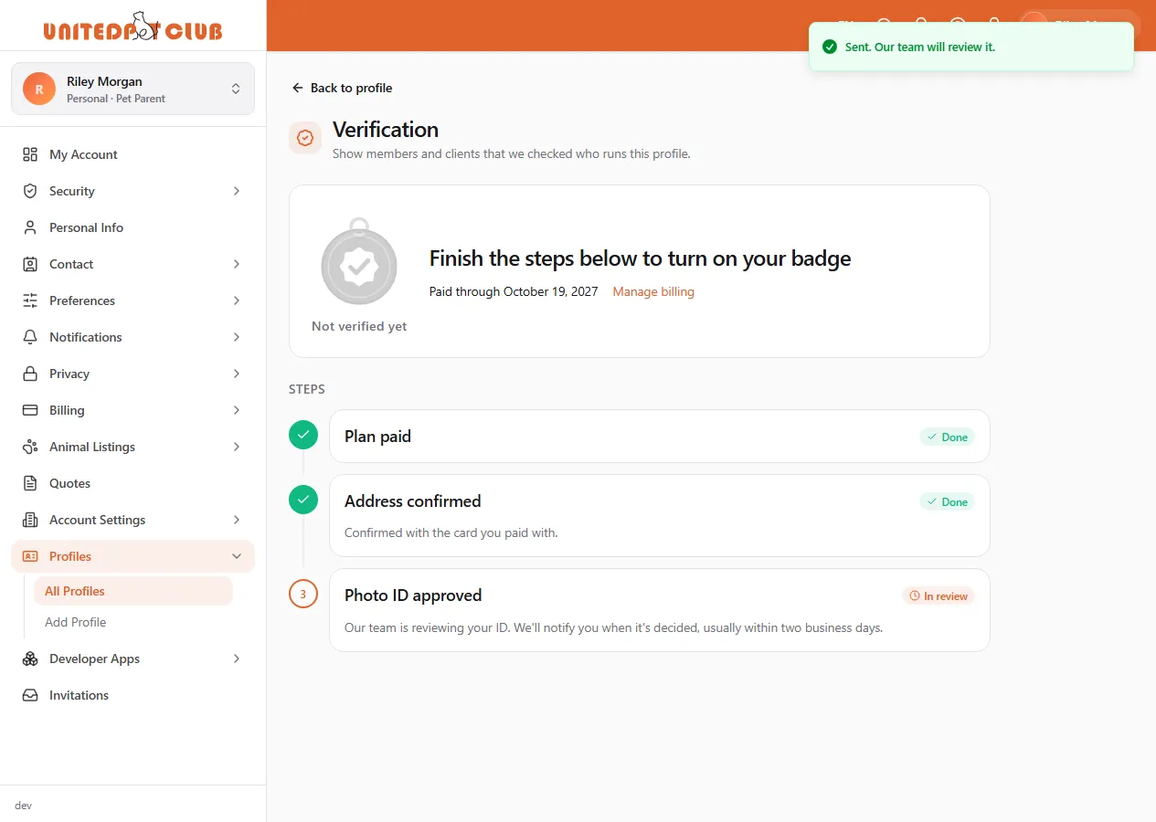 The steps after sending: Plan paid and Address confirmed done, Photo ID approved in review