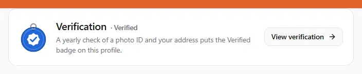 The Verification card on a profile page: the verified tag, a line about what the yearly check covers, and a View verification button