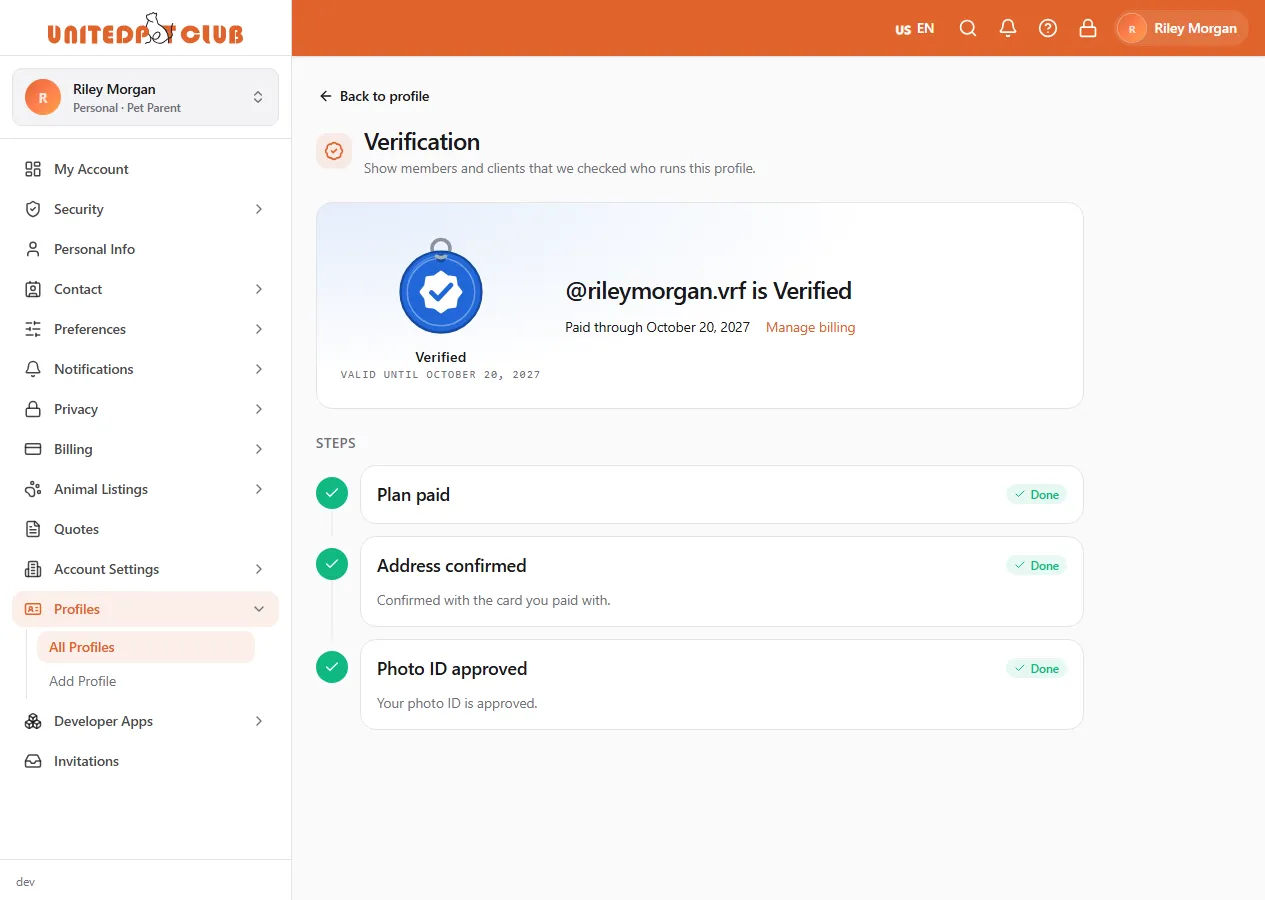 The Verification page after approval: the blue Verified tag, the profile is Verified, valid until next year, and every step done