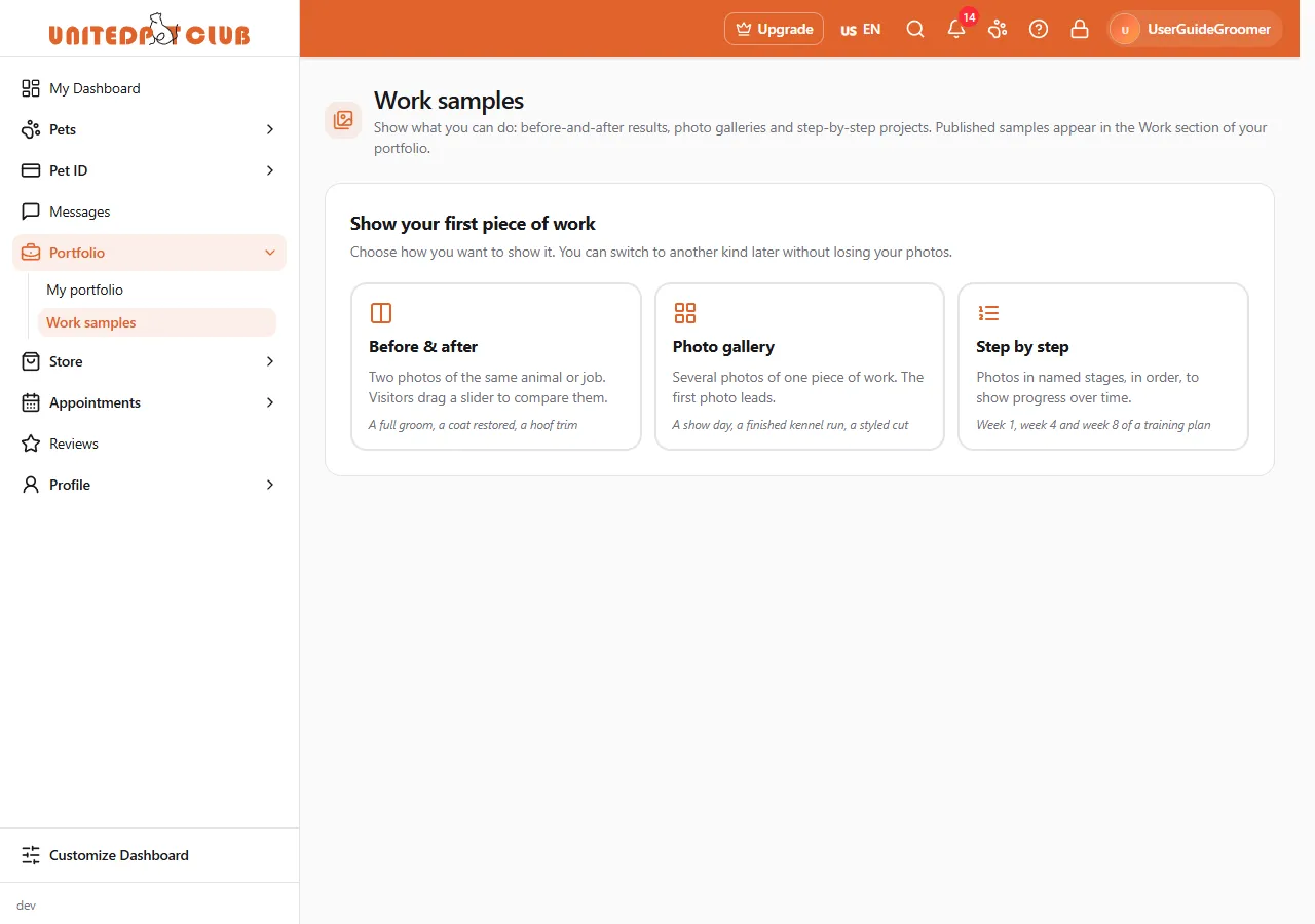 The Work samples page with no samples yet: "Show your first piece of work" and three cards to start from, Before & after, Photo gallery and Step by step, each with a short explanation and examples