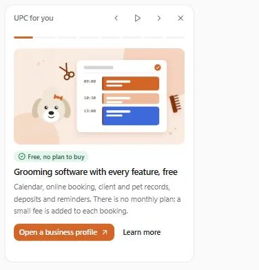 The UPC for you card for a groomer: a bar for each item at the top, a picture of a day of grooming appointments, the green label "Free, no plan to buy", the title "Grooming software with every feature, free", and the buttons Open a business profile and Learn more